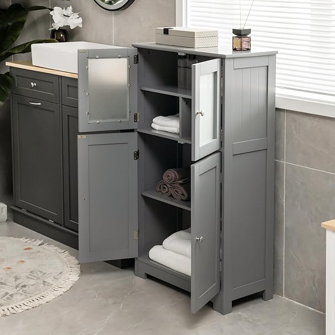 GOFLAME Bathroom Storage Cabinet, Freestanding Storage Cabinet with 4 Doors, Wooden Kitchen Cupboard with Adjustable Shelf, Buffet Sideboard, Multipurpose Home Organizer for Bathroom, Kitchen, Grey