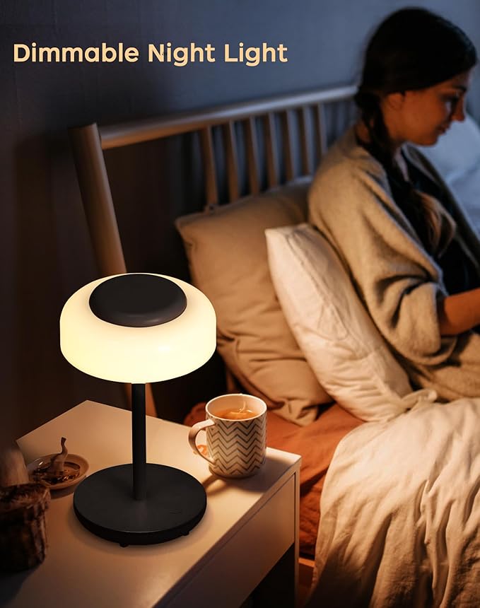 QiMH Battery Operated LED Table Lamp, 5000mAh Rechargeable Cordless Lamp Set of 2, Stepless Dimmable Touch Control, Small Waterproof Desk Night Light for Living Room, Bedroom, Outdoor Bar (Black)