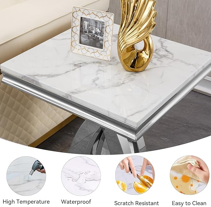 Modern Marble End Table, White and Silver Side Table with X Stainless Steel Base, Luxury Faux Marble Top Accent Bed Side Table Sofa Table for Living Room, Bedroom
