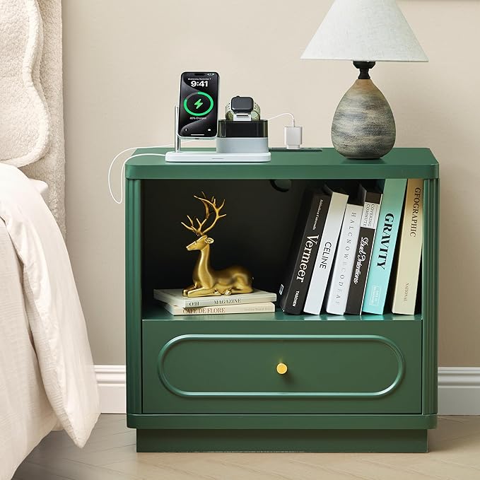 Fluted Nightstand with Charging Station Set of 2, Modern Wood Nightstand with Drawer Storage, Night Stand Bedside Table with Type-C and USB Ports, Night Stand for Bedroom, Green