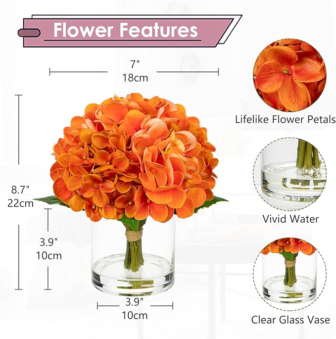 Hollyone Fall Hydrangea Artificial Flowers for Decoration Orange Hydrangea Artificial Flowers in Vase Latex Real Touch Fall Flower Arrangements Fake Hydrangeas with Faux Water Autumn Centerpiece Decor