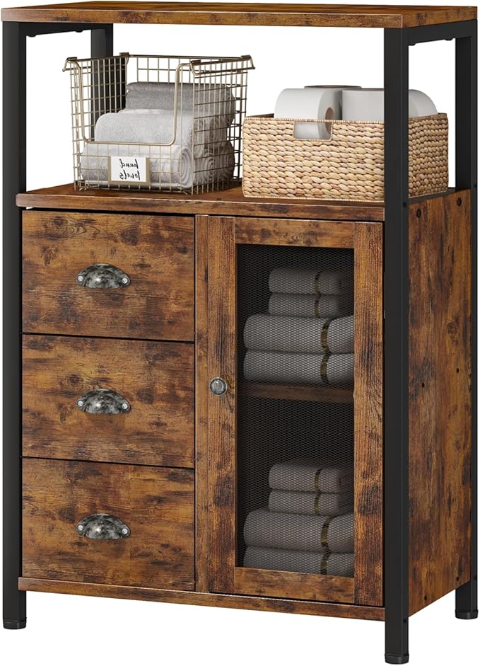Homeiju Bathroom Floor Storage Cabinet Organizer with 3 Removable Drawers and 1 Door, Industrial Floor Storage Cabinet for Kitchen, Living Room, Bathroom, Home Office