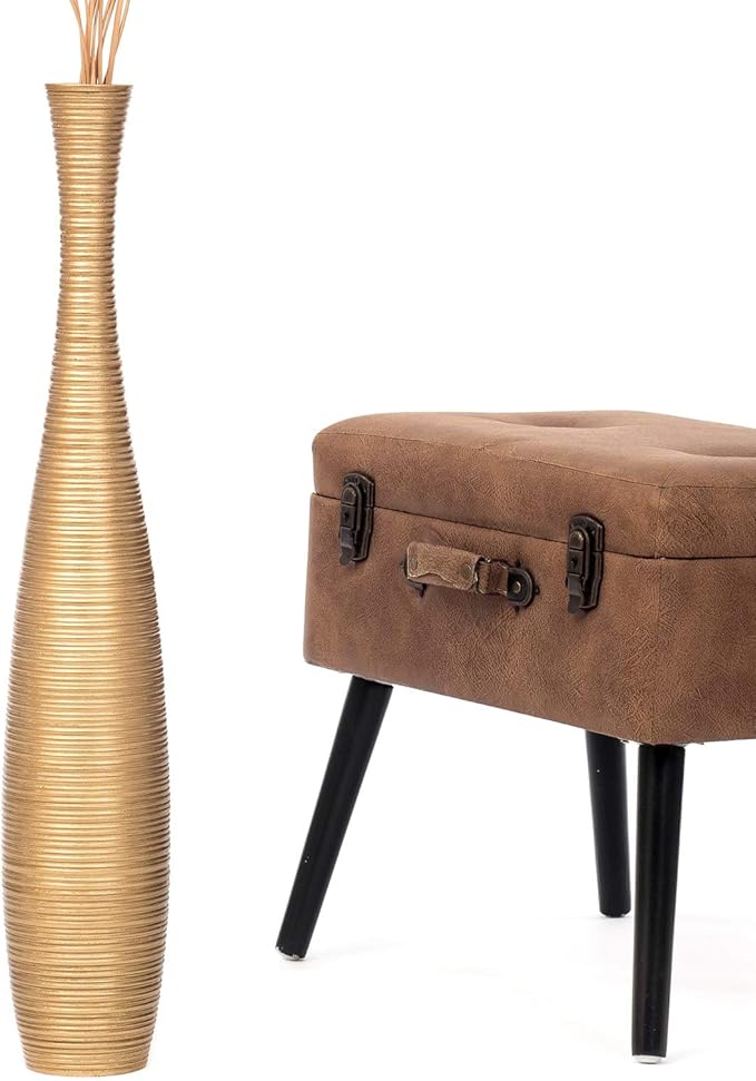 Leewadee Large Gold Home Decor Floor Vase – Wooden 26 inches Tall Farmhouse Decor Flower Holder for Fake Plant and Pampas Grass