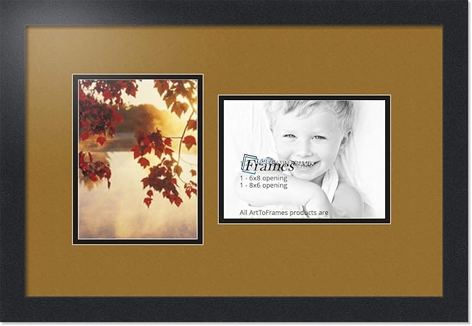 ArtToFrames Collage Photo Frame Double Mat with 2-6x8 Openings with Satin Black Frame and El Dorado mat.