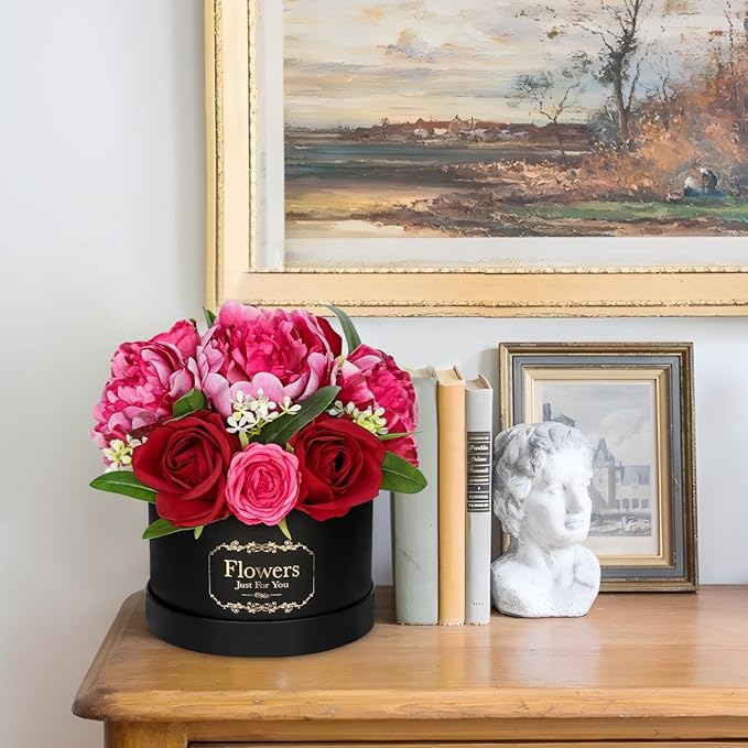 Hollyone Red Artificial Peonies Roses in Vase Round Gift Boxes with Fake Flowers Arrangements Faux Flowers Floral in Box Vase for Her Mothers' Day Valentine's Day Christmas Birthday Graduation Gift