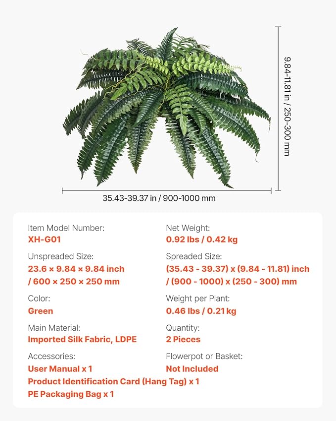 VEVOR Fake Ferns 2 Pcs, 39 Inch Artificial Boston Ferns Plants, Faux Fern with 35 Branches, Artificial Plants Large for Outdoors/Indoor Home, Office,Garden (Flowerpot Unincluded)