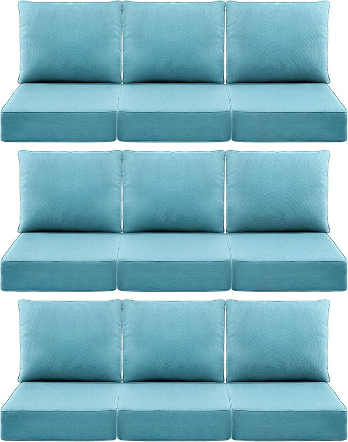Luxury 6" Outdoor Cushions for Patio Furniture, 24x24x6 Thick Seat Cushion Set of 9, Fade Resistant Couch Chair Replacement Cushions High Density Deep Wicker Chair Cushion w/Removable Cover, Teal