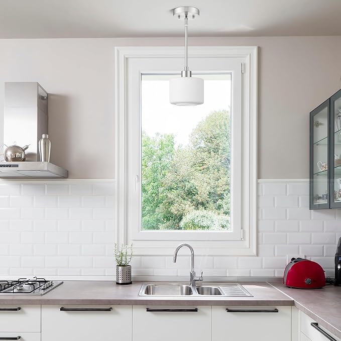 Brushed Nickel Pendant Lights Kitchen Island, 1-Light Modern Milk Glass Hanging Light Fixtures with Rods, Mini Kitchen Pendant Lighting Over Island for Sink Bathroom, OS-YQ8153-1PBN