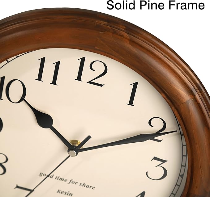 Wooden Wall Clock with Retro Design, 11 Inches Round Wall Clock Battery Operated Silent Non-Ticking, Big Arabic Numerals, for Kitchen Living Room Classroom Gym and Pool, Brown