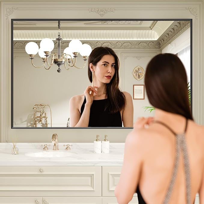 LOAAO Black Bathroom Mirror 60"X40" for Wall, Rectangle Bathroom Vanity Mirror, Tempered Glass, Hangs Vertically or Horizontally, Easy to Install, Modern Design