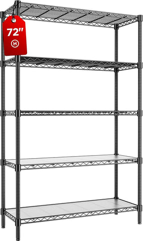 45" W Storage Shelves 5 Tier Wire Shelving with Shelf Liners, Adjustable Metal Garage Shelving, 1875LBS Heavy Duty Commercial Storage Rack for Pantry Kitchen, 45" W x 16" D x 72" H, Black