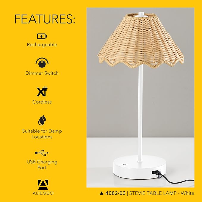 Adesso Cordless Table Lamp with 3-Level Touch Dimmer & Built-in Rechargeable Battery – 15" Tall Touch Lamp, White Finish