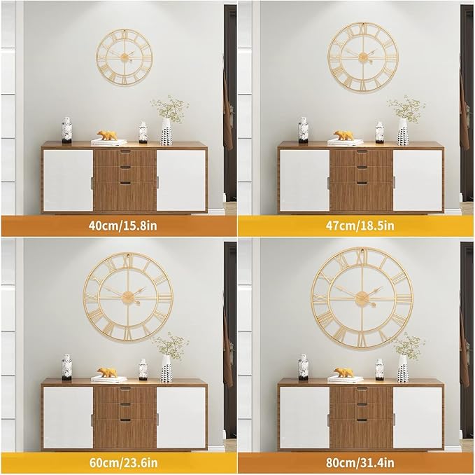 Vintage Retro Roman Numerals Metal Gold Large Wall Clock - 24 Inch Silent Non-Ticking Decorative, Battery Operated for Farmhouse, Kitchen, Bedroom