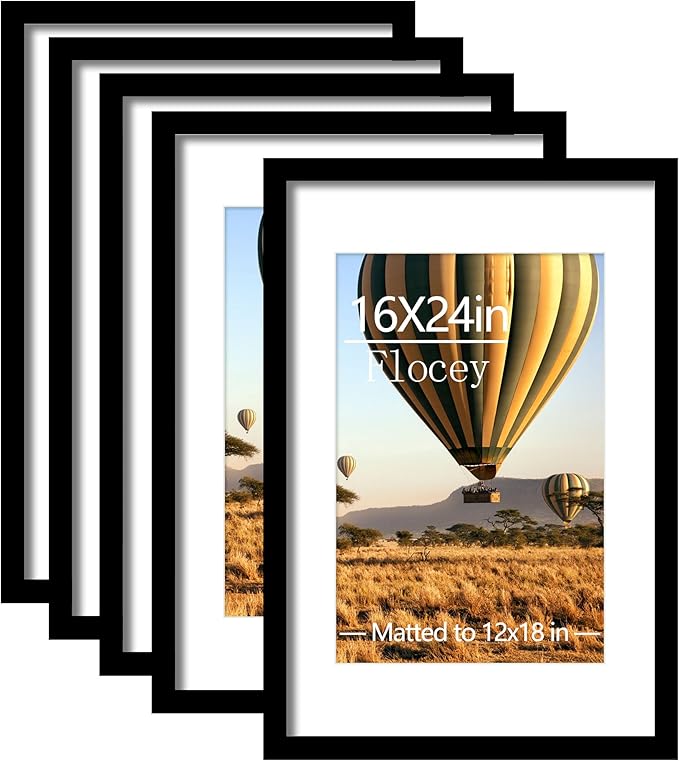 16x24 Picture Frame Set of 5, Black Poster Frame, Display Pictures 12 x 18 with Mat or 16x 24 Without Mat for Horizontal or Vertical Wall Mounting, Wall Gallery Frame for Artwork