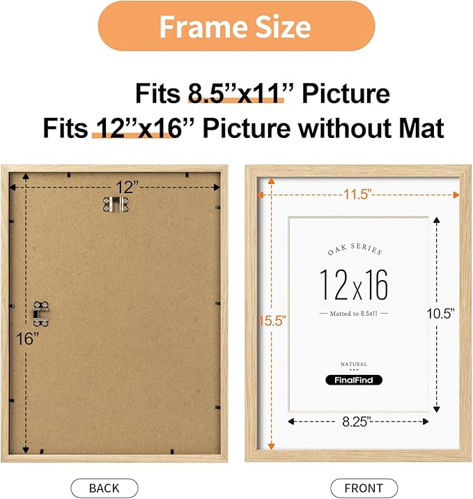 12x16 Frame with Mat for 8.5x11 Set of 3, Natural Solid Oak Wood 12x16 Picture Frame, Lightweight for Wall Mounting(3 Pack,Oak)