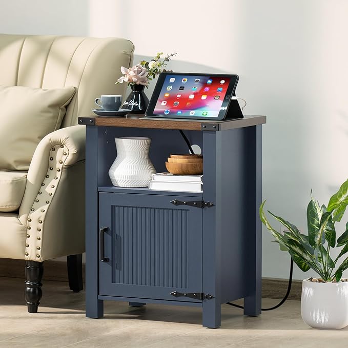 Night Stand with Charging Station and USB Port, 18 Inch Farmhouse Nightstand with Storage Shelf, Rustic Couch End Table with Magnetic Door, Wood Bed Side Tables for Bedroom, Home, Nayv Blue