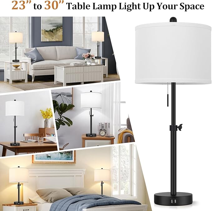 Table Lamp for Bedroom Set of 2, 23" to 30" Height Adjustable Bedside Lamp with 2 USB Ports, Black Nightstand Lamp with White Shade, Modern Pull Chain Table Lamp for Living Room End Table