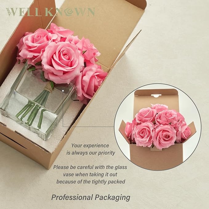 WELL KNOWN Rose Artificial Flowers in Vase with Faux Water, Silk Rose Table Centerpieces for Home Coffee Table Decor, Fake Roses Flower Arrangements for Office Hotel Lavatory Decor (Pink)