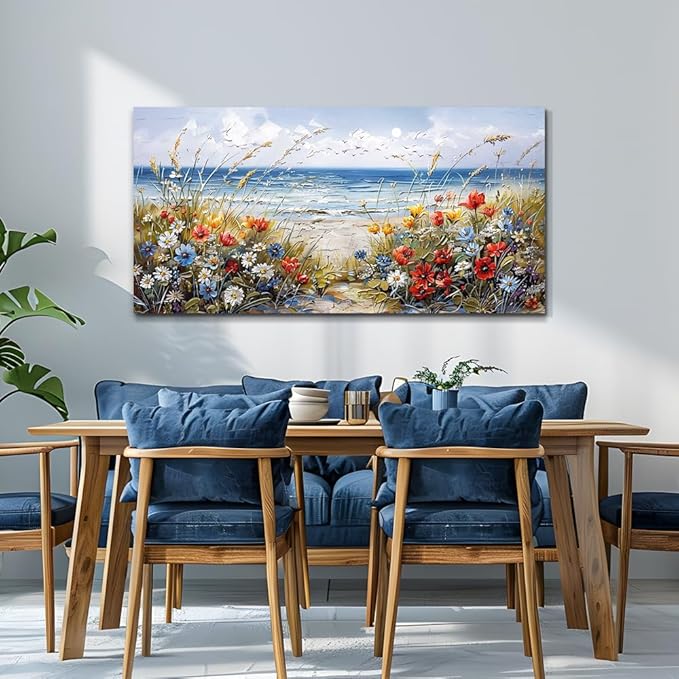 MHARTK66 Canvas Wall Art For Living Room Farmhouse Bedroom Wall Painting Blue Beach Ocean Pictures Office Photos Watercolor Wall Decor Flowers Nature Artwork For Walls Modern Home Decorations