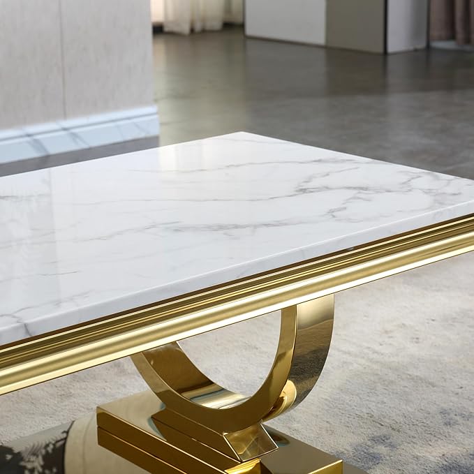 SSLine Rectangular Faux Marble Coffee Table for Living Room Modern Luxury White Marble Center Table with Gold Pedestal Base 46.8" Mid-Century Cocktail Table with Mirrored Stainless Steel Frame Legs