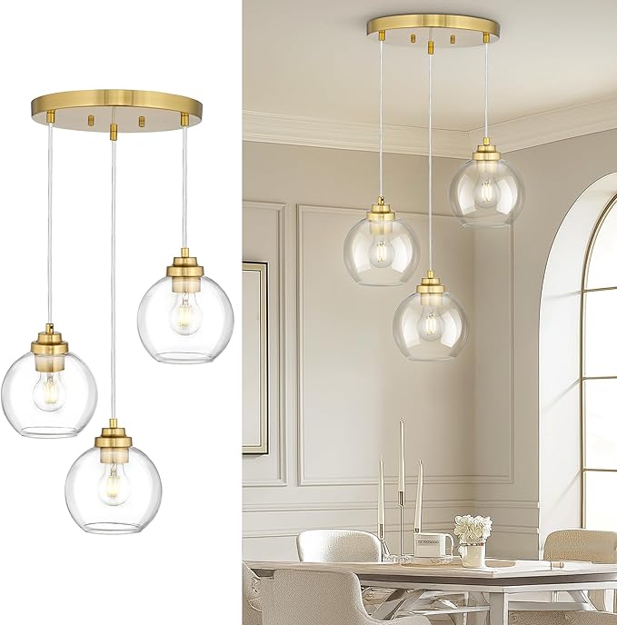 Gold Cluster Pendant Light, 3-Light Globe Hanging Light Fixture, Kitchen Island Lighting with Clear Glass for Dining Room Living Room Laundry Entrance Foyer, ZCPL101BG-3C