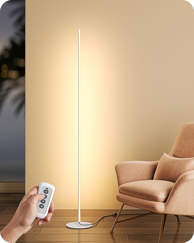 EDISHINE LED Corner Floor Lamp with Remote, 57.5" Minimalist Dimmable Mood Light, Standing Tall Floor Lamps for Living Room, Bedroom, Home Office, 3000K Warm White Light (White)