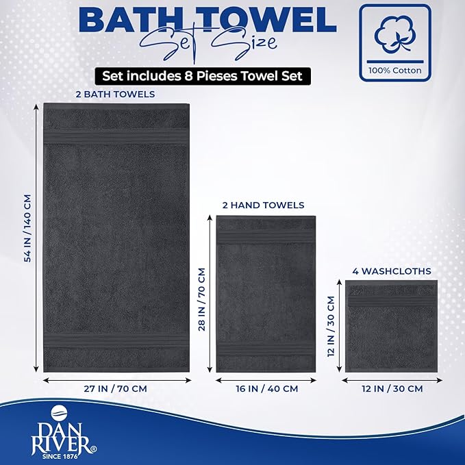 DAN RIVER 8 PC Luxury Bath Towels for Bathroom, 2 Bath, 2 Hand, and 4 Wash Cloths, 600 GSM 100% Ring Spun Cotton Towel Set, Highly Absorbent, Gym, Hotel, and Spa, Charcoal