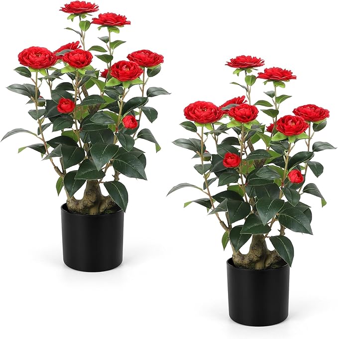 Romantic Season 2FT Red Artificial Camellia Tree 2Pack, Faux Camellia Plant Fake Potted Camellia Flower Tree for Modern Home Office Living Room Floor Décor