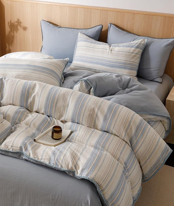 VM VOUGEMARKET Pinstripes Duvet Cover Set Queen 3 Pieces Muslin Cotton Bedding Set with Zipper Closure,Blue White Stripes Duvet Cover Queen Size(No Comforter)