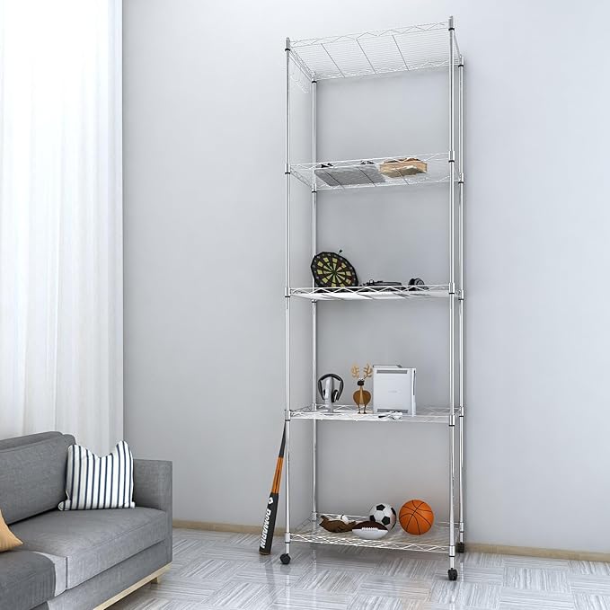 Homdox 5 Tier Steel Wire Shelving Unit on Wheels,Chrome Shelves for Garage Kitchen Living Room,Heavy Duty Shelving Rack, 23.2 x 13.8 x 72 inch (L x W x H)