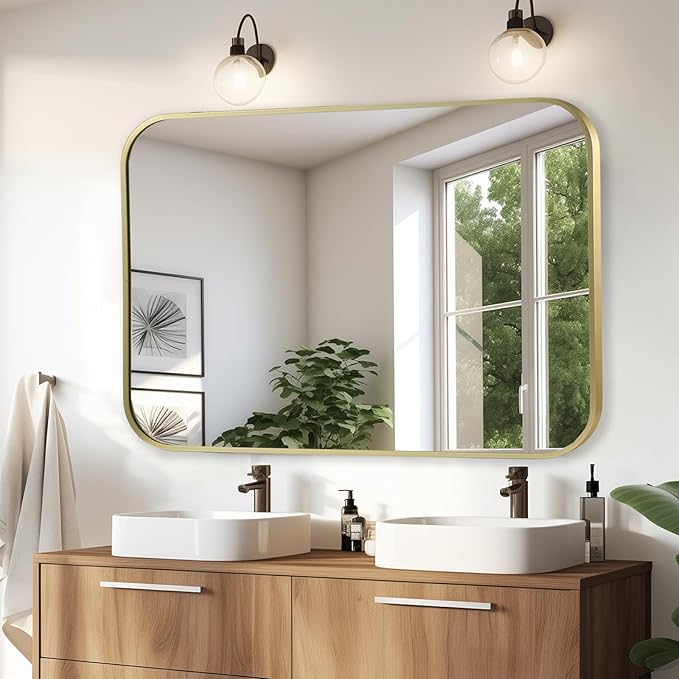 Brushed Gold Mirror, 40"x30" Rectangle Bathroom Mirror, Metal Frame Rectangle Corner Vanity Mirror, Wall Mounted Mirror for Modern, Living Room, Bedroom, Horizontal Or Vertical