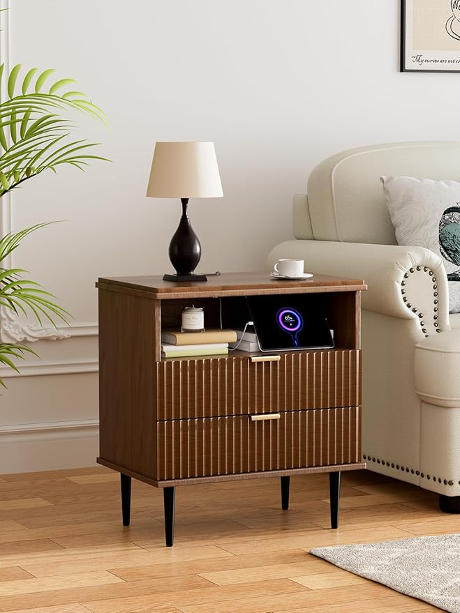 Modern Nightstand with Charging Station, 2 Drawers Fluted Wood Bedside Table with USB, Type-C & Outlets, Metal Legs, Storage Dresser for Bedroom or Living Room (Walnut, 23.3)