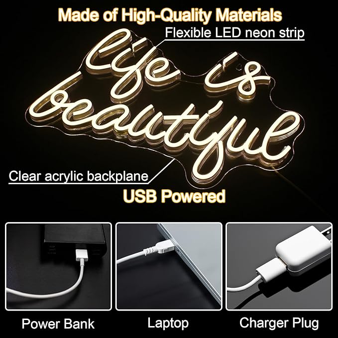 Horseneon Life is Beautiful Neon Signs for Wall Decor, Letter Neon Lights for Bedroom, Led Sign with USB Powered for Livingroom, Wall Hanging Decor, Windows (Warm White)