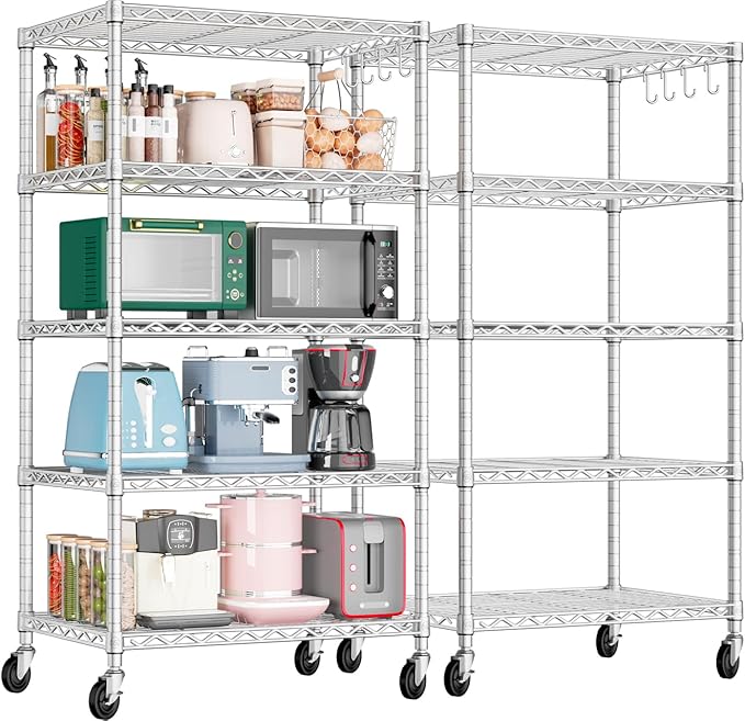 PrimeZone 2 Pack Steel Storage Wire Shelving 5 Tier Metal Shelves with Wheels,Adjustable Kitchen Utility Shelving Unit,Pantry Rack Rolling Metal Shelf Laundry,Chrome 24" Wx18 Dx75 H