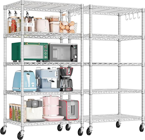 PrimeZone 2 Pack Steel Storage Wire Shelving 5 Tier Metal Shelves with Wheels,Adjustable Kitchen Utility Shelving Unit,Pantry Rack Rolling Metal Shelf Laundry,Chrome 24" Wx18 Dx75 H