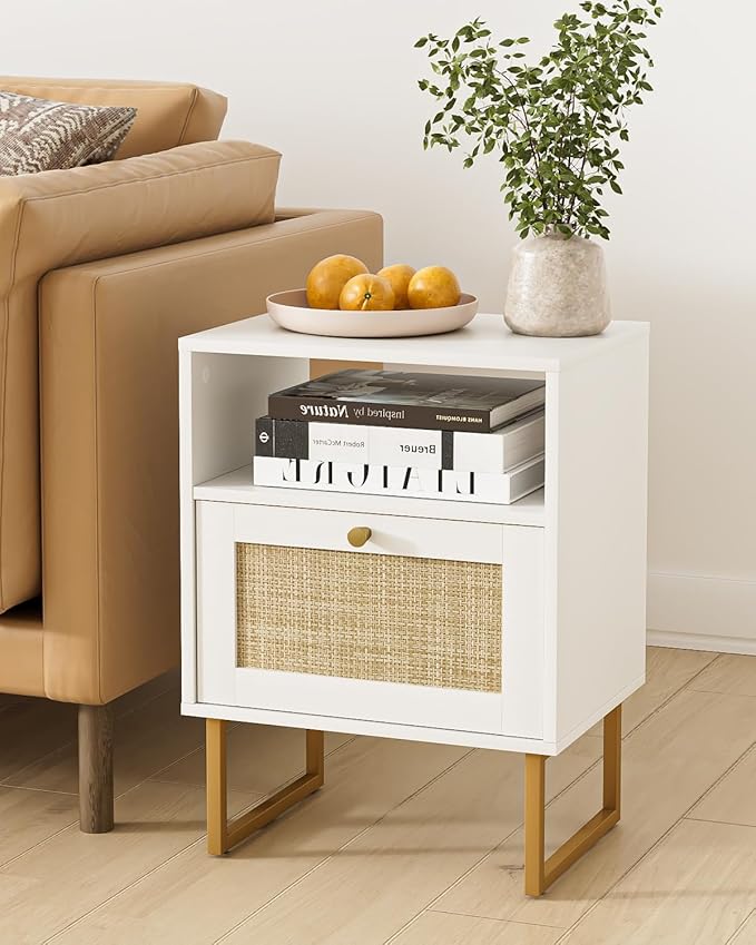 Rattan Nightstand, Boho Night Stand Farmhouse Wood Bedside Table with Storage and Open Shelf, End Side Accent Table for Bedroom,Living Room,White