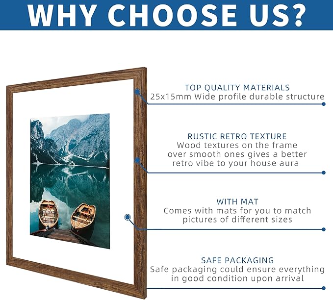 16x20 Frames Set of 2, Rustic Brown Wood Style - Display 16 x 20 Picture without Mat or 11x14 Picture with Mat, Wall Mounting Horizontal and Vertical