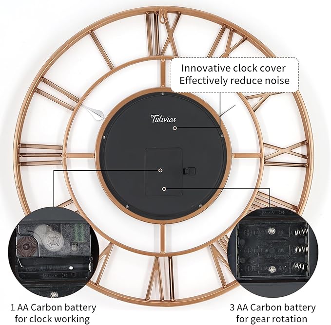24 Inch Large Wall Clocks for Living Room Decor with Moving Gears,Large Wall Clock Industrial Steampunk,Oversized Metal Analog Wall Clocks for Farmhouse Home Battery Operated