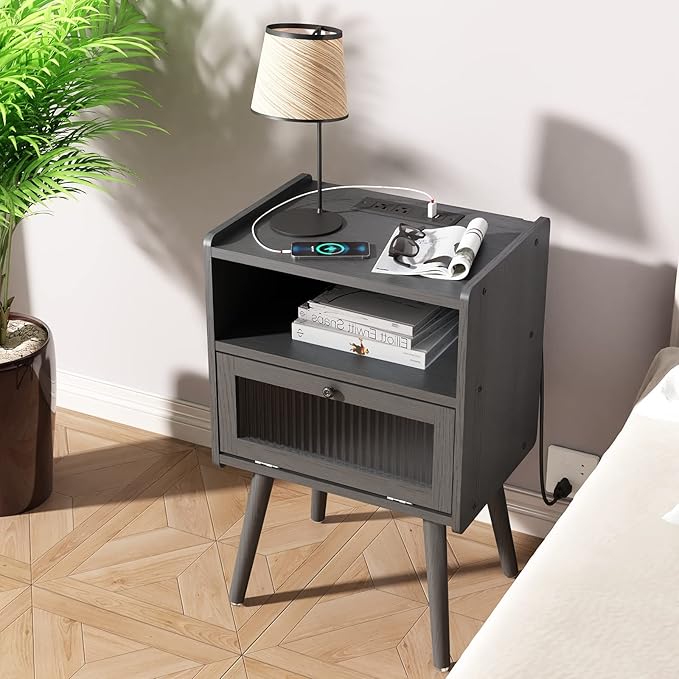 Mid Century Modern Nightstand with Charging Station, Bedside Tables with Glass Door, End Table Side Table with 2 Tiers Storage Space, for Bedroom, Living Room, Dark Grey