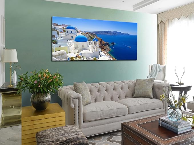 OKEXCKK Large Canvas Print Wall Art Santorini in Greece Painting Wall Decor, Blue Coastal Landscape Artwork Seascape Pictures for Living Room, Bedroom, Office Decoration - 20"x40"