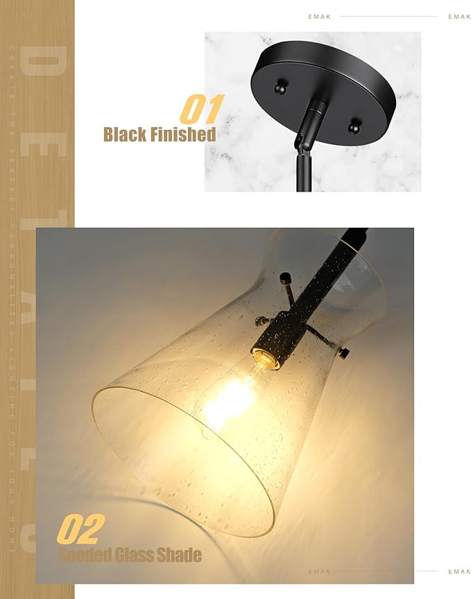 Emak 9 Inch Large Pendant Lights Kitchen Island, Black Pendant Light Fixtures with Seeded Glass Shade, Modern Farmhouse Island Lights for Kitchen, Dining Room, PL130-BK-SG