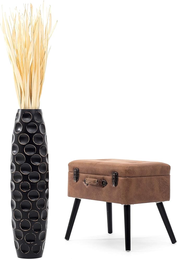 Leewadee Large Black Home Decor Floor Vase – Wooden 26 inches Tall Farmhouse Decor Flower Holder for Fake Plant and Pampas Grass