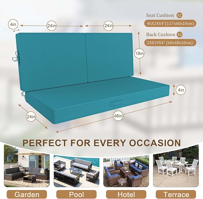 Outdoor Loveseat Cushion Set 46 x 26 Inch, Waterproof & Fade-Resistant Deep Seat Patio Cushions with Removable Cover, Ties & Hidden Zipper, Patio Love Seat Sofa Cushions for Sofa Bench Couch,Turquoise