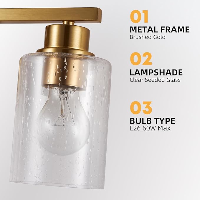 Modern Brushed Gold Bathroom Vanity Light Fixtures Over Mirror, 4 Light Rectangular Wall Mount with Clear Seeded Glass, Anti-Rust, 24.02 x 11.61 x 8.07 inches