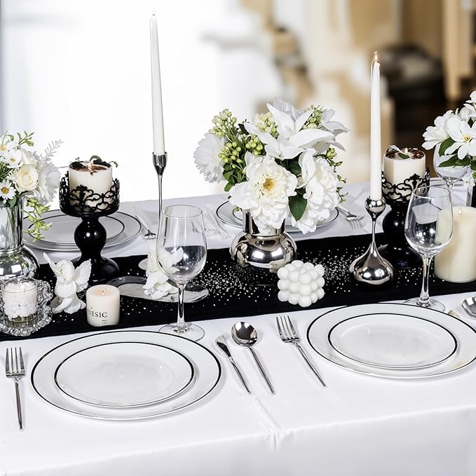 LIYH 120 Pcs White Plastic Plates with Black Rim - Disposable Plates Dishes for Party Wedding Includes 60 Dinner Plate 10.25" 60 Dessert Plate 7.5" for Party Birthdays 60 Guests