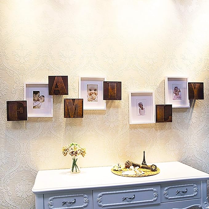J.M.Deco Luxury Photo Frame 4 Slots Reunion Family Slogan Picture Frame with Glass Cover Selfie Gallery Collage Wall Hanging for 6x4 Photo, White & Brown Gold