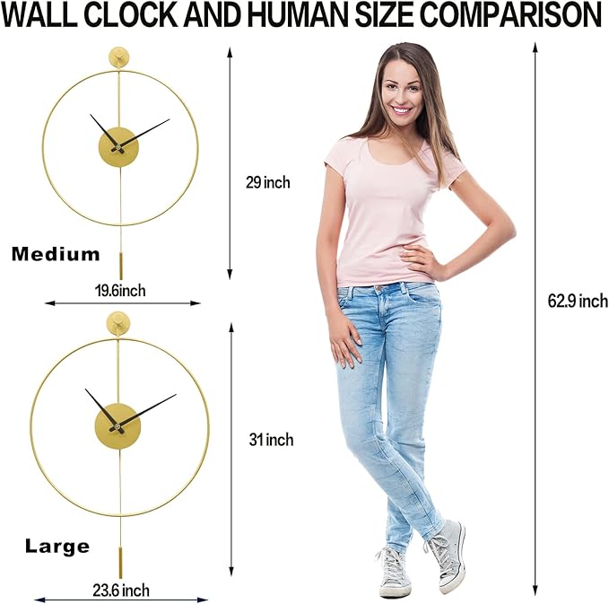 YISITEONE Classical Large Decorative Wall Clock with Pendulum, Modern Non-Ticking Silent Metal Wall Clocks for Living Room, Bedroom, Study, Office, 20‘’