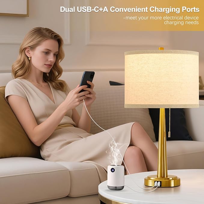GyroVu 22 Inches Table Lamps, Bedside Lamps with USB and C Ports, Nightstand Lamp with Pull Chain, Gold Lamp Set of 2 for Living Room, Bedroom & Office, Bulbs Included(Gold)