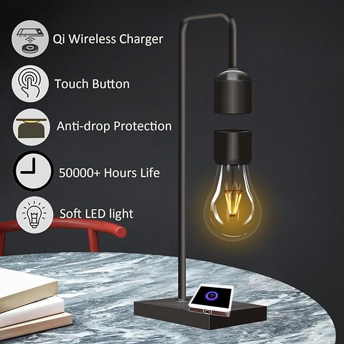 Magnetic Levitating 3 Colors Bulb Lamp with Wireless Charging Pad Levitation Floating Table Lamp LED Night Light for Bedroom Decoration Desk Toy Office Decor Christmas Gift