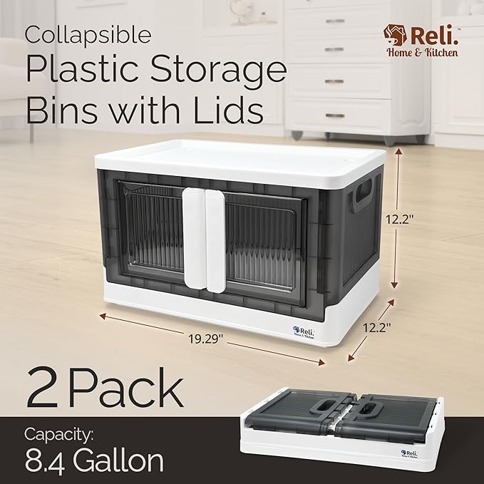 Reli. Collapsible Storage Bins with Lids (2 Pack) | 8.4 Gal Plastic Stackable Storage Bins with Lids | Heavy Duty Closet Organizer | Built-In Wheels & Door | White/Grey